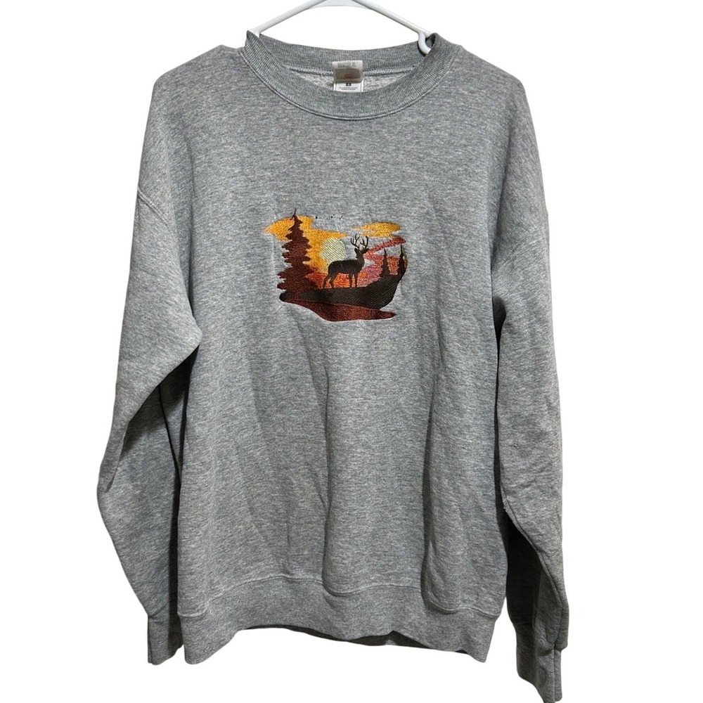 Fruit of the Loom Sweatshirt Womens Large Gray‎ Embroidered Deer Nature Vintage